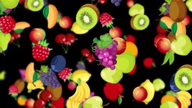 Canlı meyveler koyu bir zemin üzerine dökülüyor.
