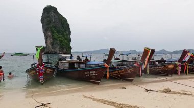 Manzaralı bir Tayland sahiline demir atmış tekneler.