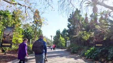 Ziyaretçiler manzaralı bir hayvanat bahçesi yolunda yürüyor