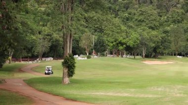 Golf arabası manzaralı bir golf sahasında ilerliyor..