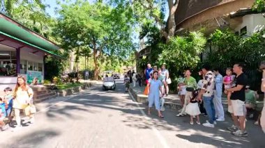 İnsanlar bir araya gelip hayvanat bahçesi girişini keşfediyorlar.