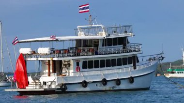 Phuket 'in dingin sularında, berrak gökyüzünün altında, arka planda yemyeşil tepeler olan bir yat yelken açıyor.