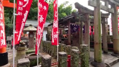 Geleneksel Shinto tapınağı yolunda huzurlu bir yürüyüş.