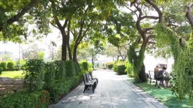 Park bankları, ağaçlar ve gün ışığında yürüyüş yolları..