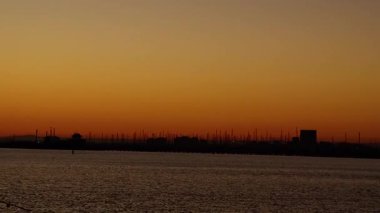 Gün batımında su üzerinde uçan martılar.