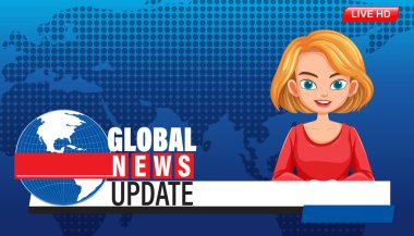 Cesur renklere ve modern tasarım unsurlarına sahip, dünya haritası arka planına sahip bir haber sunucusunun vektör illüstrasyonu