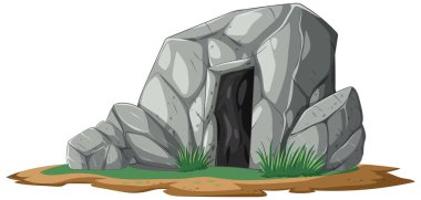 Çimenlerle çevrili bir taş mağara girişinin vektör çizimi, ayrıntılı dokular ve toprak renkler içeriyor