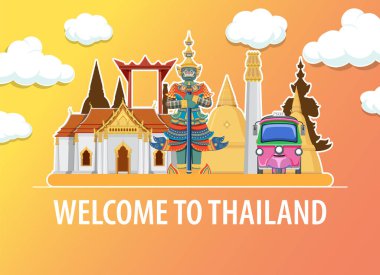 Değişken arkaplanı olan ikonik Tayland simgelerinin canlı vektör çizimi. Geleneksel mimari ve kültürel semboller