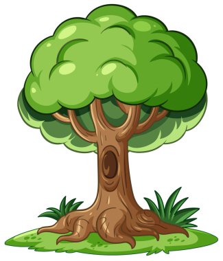 Kalın yapraklı, yemyeşil bir çizgi film ağacı tasviri