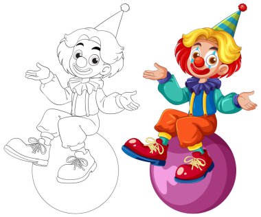 Topun üzerinde oturan neşeli bir palyaçonun canlı vektör çizimi. Özet çizilmiş ve renkli sürümlerle cesur renkler ve eğlenceli kompozisyon
