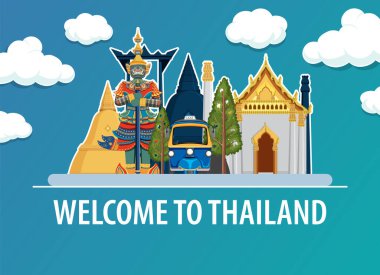 Simgesel Tayland simgeleri ve bir tuk-tuk 'un renkli temsili. Eğimli bir gökyüzüne karşı canlı renkler ve temiz çizgiler