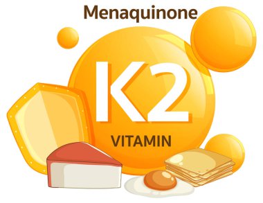 Düz tasarım ve sıcak sarı-turuncu renk paleti kullanılarak peynir, yumurta ve natto vitamini ile parlak vektör illüstrasyonu