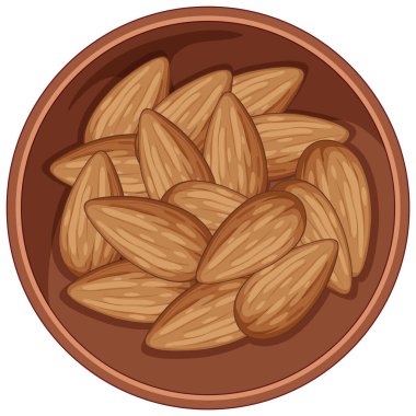 Yuvarlak kahverengi seramik kâse içindeki bademlerin vektör çizimi, düz dizayn tarzı, toprak tonlarıyla ve yukarıdan aşağıya kompozisyonu