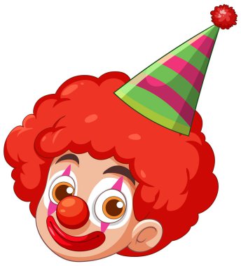 Canlı kızıl saçları ve çizgili parti şapkası olan neşeli bir palyaço kafasının vektör çizimi.