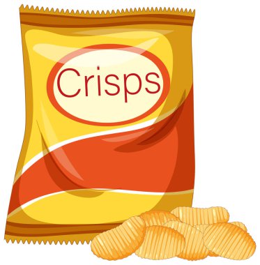Sarı ve turuncu patates cipsi paketinin vektör çizimi kabarık cips, düz dizayn, kalın renkler ve basit kompozisyon