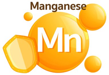 Kalın harfli manganez vitamin sembolü, turuncu baloncuklar ve düz tasarım elementler kullanan stilize bir kalkan.