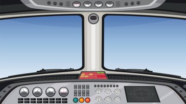 Detaylı kontrol paneli ve temiz gökyüzü manzaralı bir uçak kokpitinin vektör çizimi, teknik hassasiyeti gösteriyor.