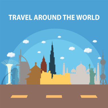 Modern düz tasarım tarzıyla mavi gökyüzüne karşı ikonik küresel simgelerin renkli vektör çizimi