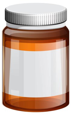 Kehribar plastik ilaç şişesinin vektör çizimi. Beyaz etiketli ve gümüş vida kapaklı. Temiz, gerçekçi bir şekilde yapılmış.