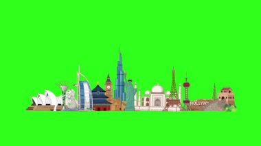 Canlandırılmış dünya simgeleri yeşil bir arka planda canlı bir gökkuşağının altında görünür, dinamik metin 'Dünyayı Gezmek' i renkli ve neşeli bir hareketle ortaya çıkarır.