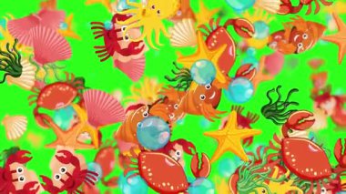 Canlı yeşil arka planda canlı deniz hayvanları