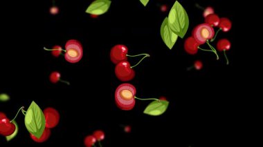 Siyah arkaplana düşen kiraz ve yapraklar