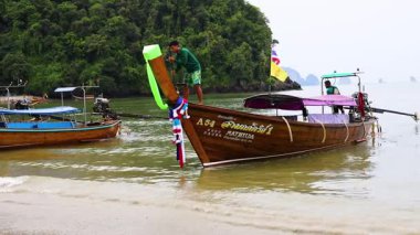 Manzaralı bir Krabi sahiline demir atmış tekneler.