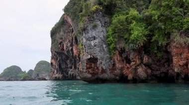 Uzun kuyruklu tekne yemyeşil kayalık adadan geçiyor.