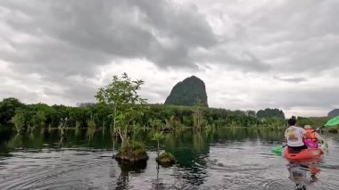 Kayakçılar yemyeşil sularla çevrili manzaralı kanalları keşfediyorlar.