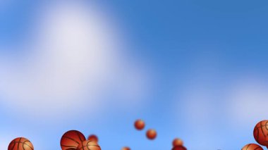 Basketbol topları dinamik bir şekilde gökyüzünde süzülüyor.