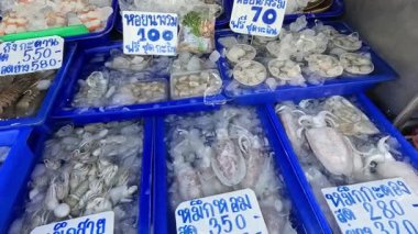 Bir markette satılık çeşitli deniz ürünleri