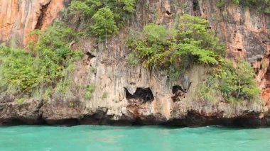 Uzun kuyruklu tekne kayalık kayalıkları ve adaları geçiyor