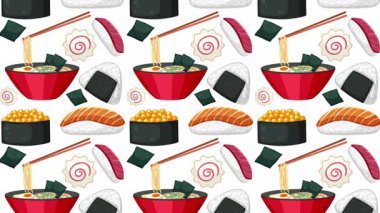 Ramen ve suşi desenlerinin renkli animasyonu
