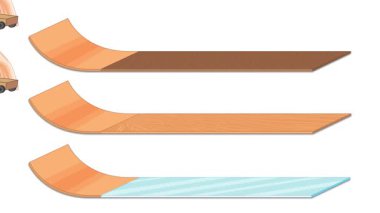 Sürtünme etkilerini gösteren üç ahşap araba farklı yüzeylerden yuvarlanıyor. Yumuşak geçişler değişik hızları ve yüzey etkileşimlerini vurgular