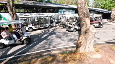 Tayland 'da hayvanat bahçesi girişinde hareket eden golf arabaları.