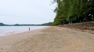 Tayland, Krabi 'de sakin plajda yalnız yürüyen biri.