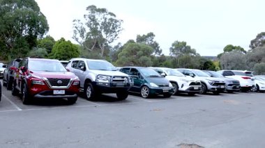 Açık havada geniş bir alana park etmiş bir dizi araba, gün ışığında sabit bir kamerayla yakalanmış.