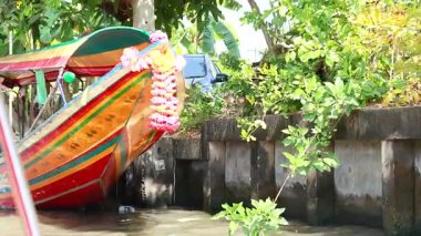 Bangkok 'un yüzen pazar kanalında gezen renkli tekne