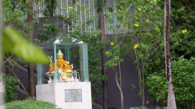 Bir tuk-tuk, zengin bir Phuket tatil köyünde, kültürel ve doğal unsurları ön plana çıkaran bir Budist ruh evinin önünden geçiyor.