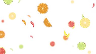 Meyveler zarif bir şekilde beyaz bir zemine düşüyor.