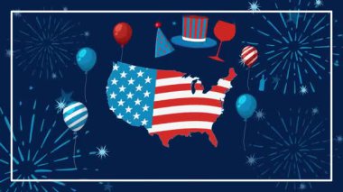 ABD haritası, havai fişekler ve renkli neşeli elementlerle Bağımsızlık Günü 'nün animasyon kutlaması.