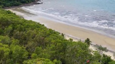 Hava aracı görüntüsü, yemyeşil yağmur ormanlarının üzerinde süzülüyor. Gözlerden uzak kumlu bir sahil ve yumuşak, doğal gün ışığı altında yumuşak, ileri doğru kamera hareketleriyle yumuşak bir okyanus dalgalarıyla buluşuyor.