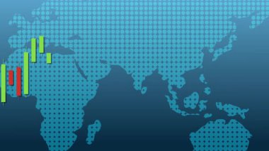 Bir dünya haritası üzerinde dinamik şamdan grafik animasyonu, canlı renkler ve pürüzsüz geçişlerle küresel finansal eğilimleri gösteren
