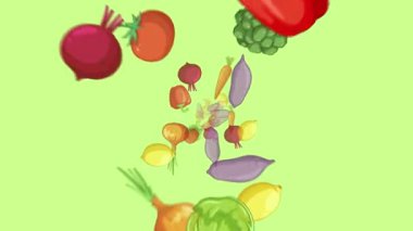Renkli sebzeler düz vektör grafikleri ve parlak yeşil zemine karşı pürüzsüz geçişler kullanarak, pürüzsüz bir döngü içinde döner ve sürüklenirler.
