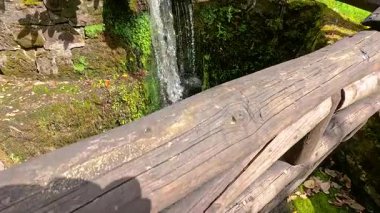 Tahta köprü ve yeşillik yakınında küçük bir şelale.