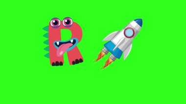 R harfinin canlı yeşil bir arka planda rokete dönüşmesinin eğlenceli animasyonu, çekici ve eğitici.