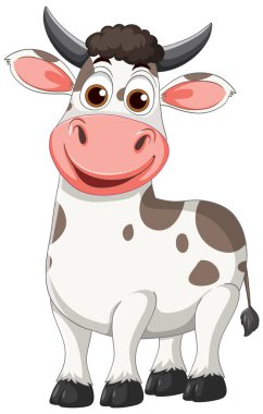 Büyük gözlü, kahverengi benekli, gülen bir ineğin oyuncu vektör çizimi ve dostane bir ifade. Parlak ve çekici bir stil