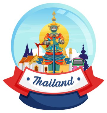 Kar küresi içindeki parlak ve canlı renklere sahip Tayland simgelerinin ve kültürel elementlerin renkli vektör çizimi