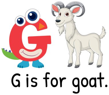 Çizgi film keçisiyle G harfinin oyuncu temsili. Eğitici materyaller için parlak renkler ve kaprisli tasarım ideal