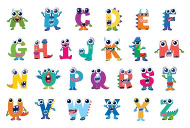 Canlı renkleri ve ilginç karakterleri olan oyuncu, canavar temalı alfabe. Çocuk projeleri ve eğitim materyalleri için mükemmel.